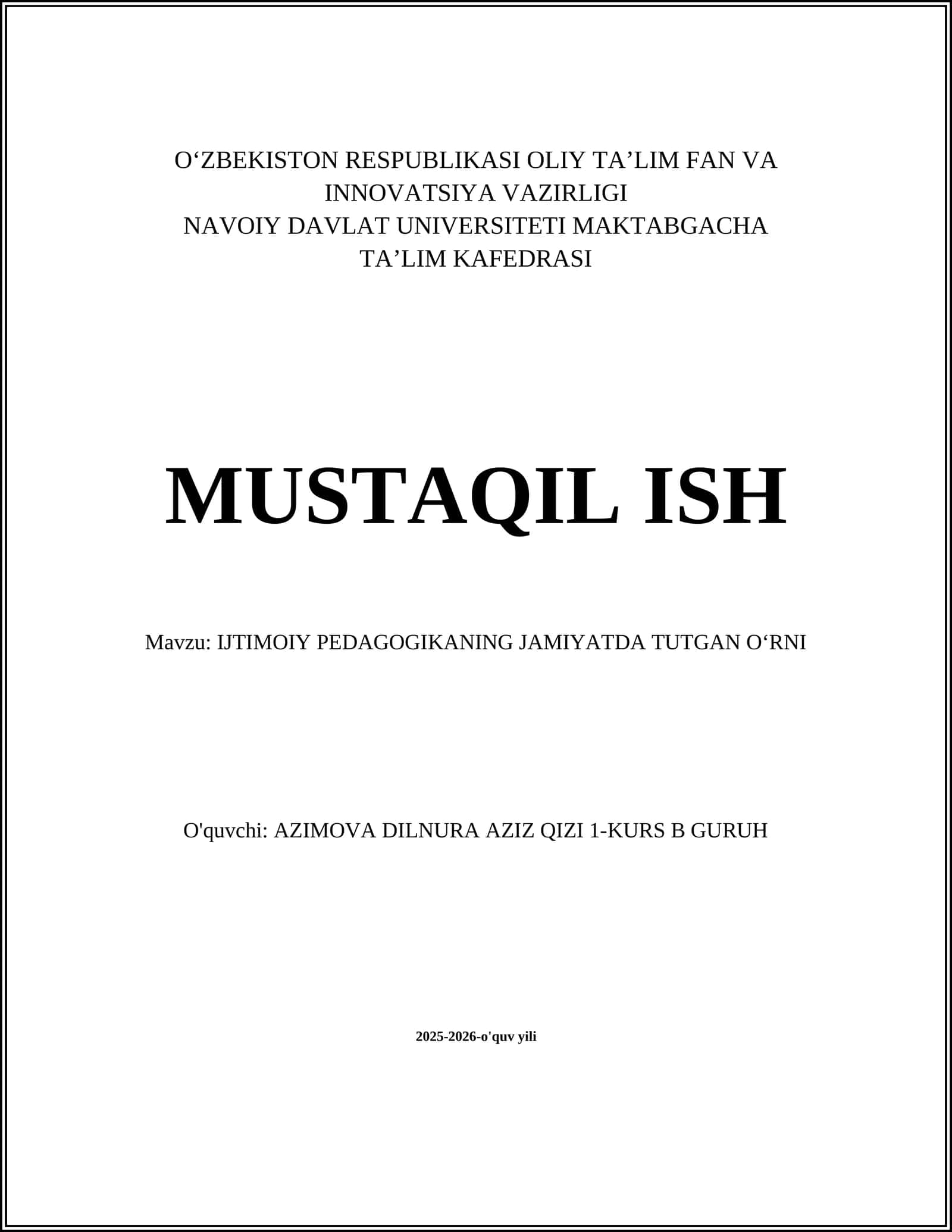 Ijtimoiy Pedagogika Bo'yicha Mustaqil Ish 1