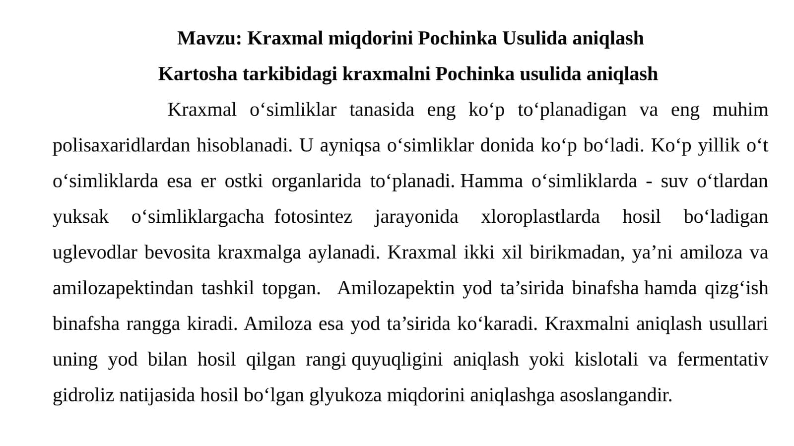 Kraxmalmiqdorini Pochinka Usulida aniqlash 1