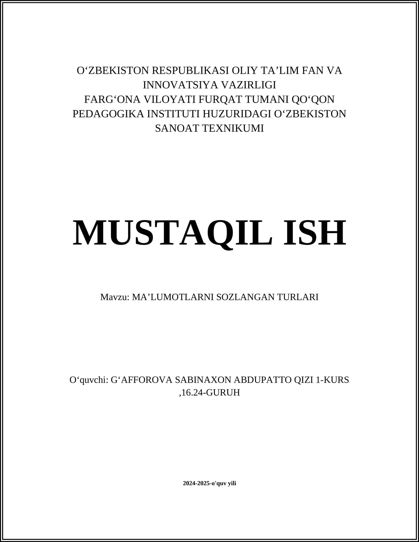 MAʼLUMOTLARNI SOZLANGAN TURLARI 1