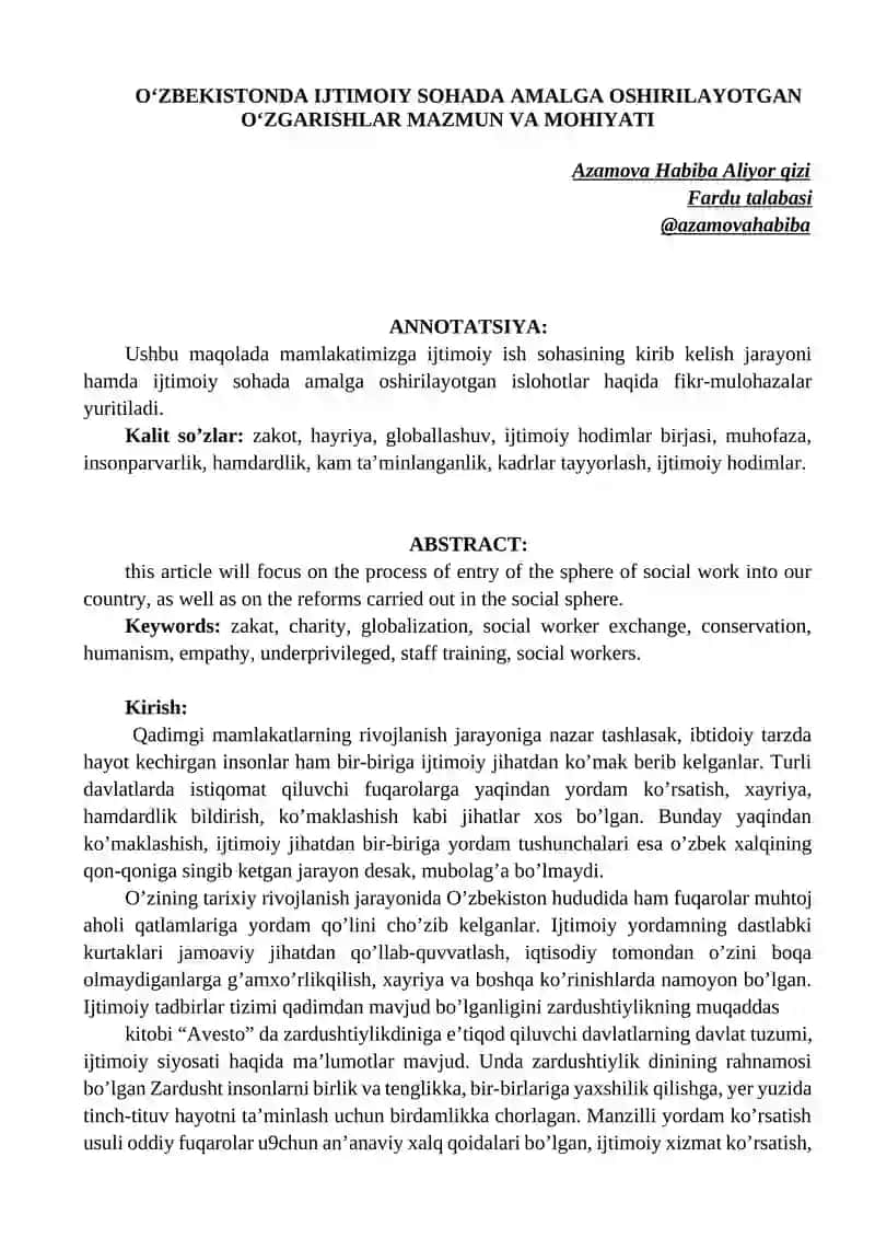 OʻZBEKISTONDA IJTIMOIY SOHADA AMALGA OSHIRILAYOTGAN OʻZGARISHLAR MAZMUN VA MOHIYATI