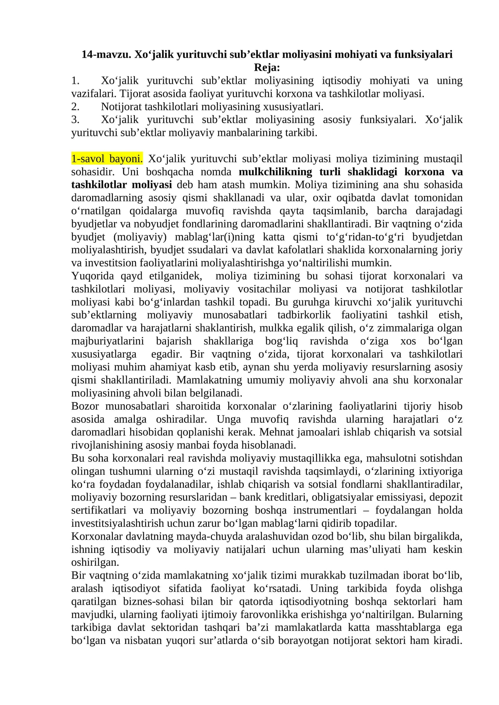 Xo‘jalik yurutuvchi sub’ektlar moliyasi 1