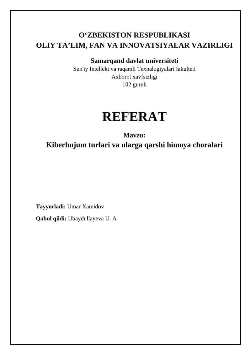 Kiberhujumlar va Ularga Qarshi Himoya Choralari 1