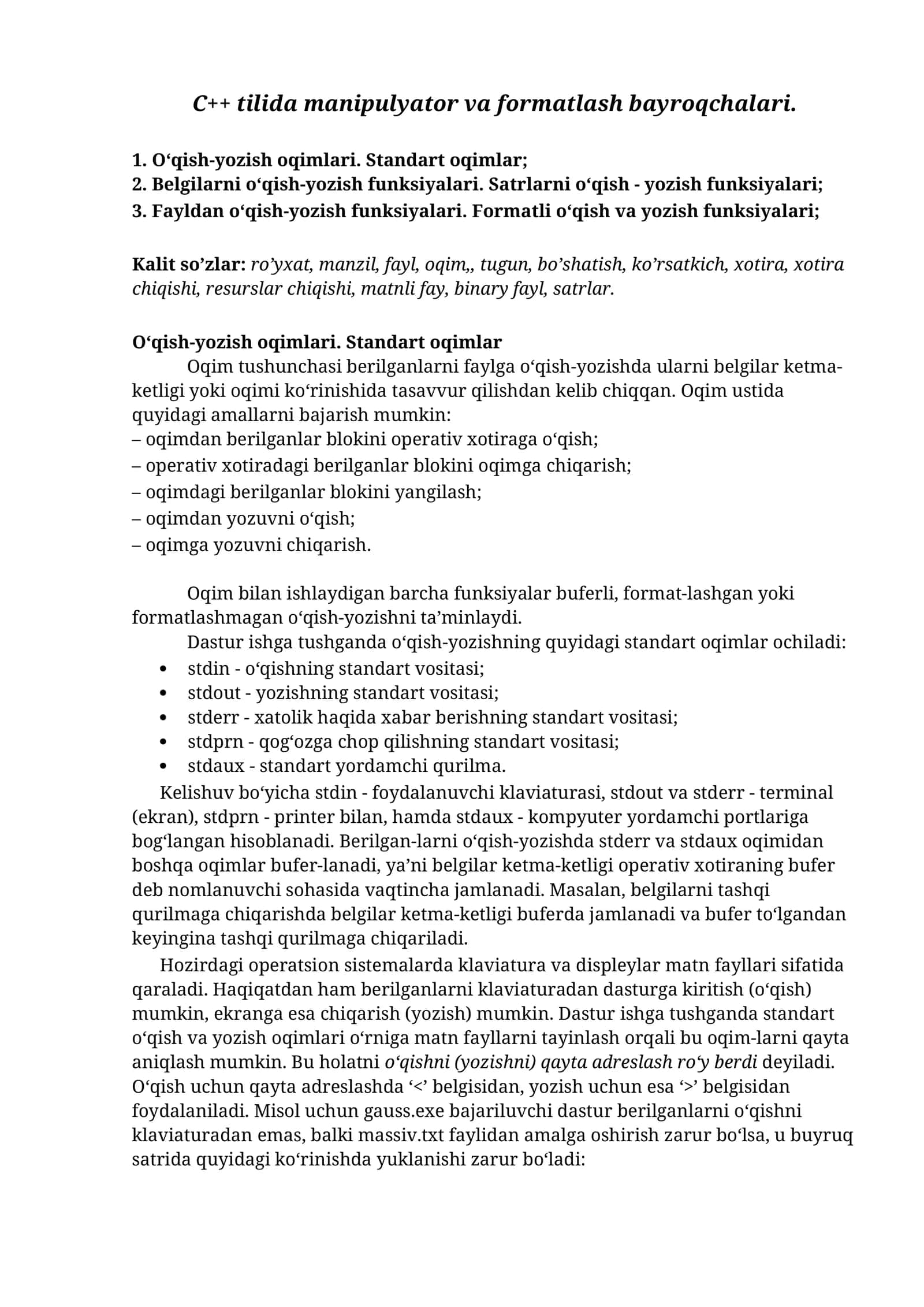 C++ dasturlash tilida manipulyator va formatlash bayroqchalari. 1
