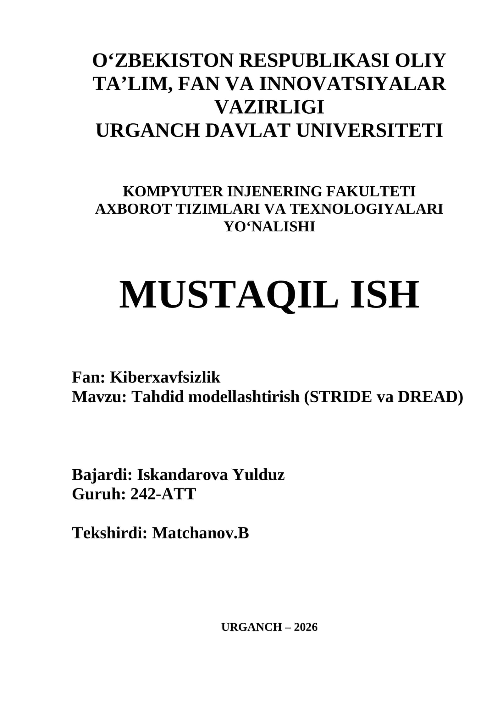 Tahdid modellashtirish (STRIDE va DREAD) 1