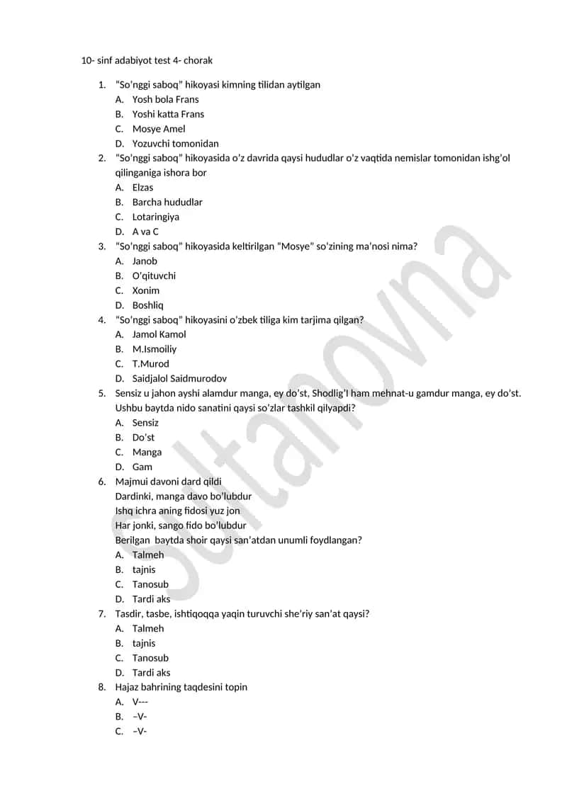 10- sinf adabiyot test 4- chorak 1