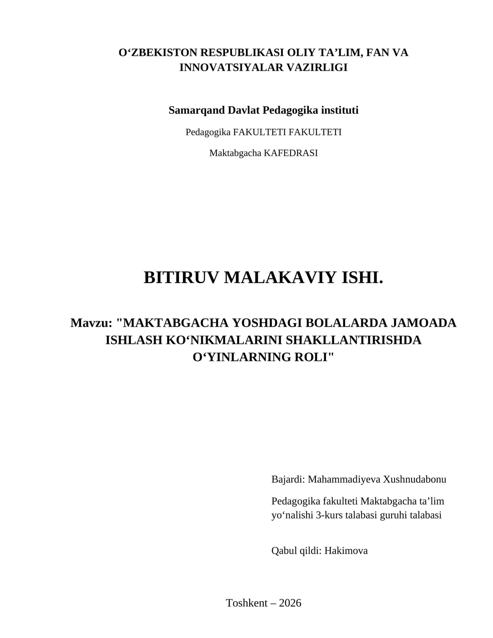 Maktabgacha yoshdagi bolalarda jamoada ishlash ko‘nikmalarini shakllantirishda o‘yinlarning roli 1