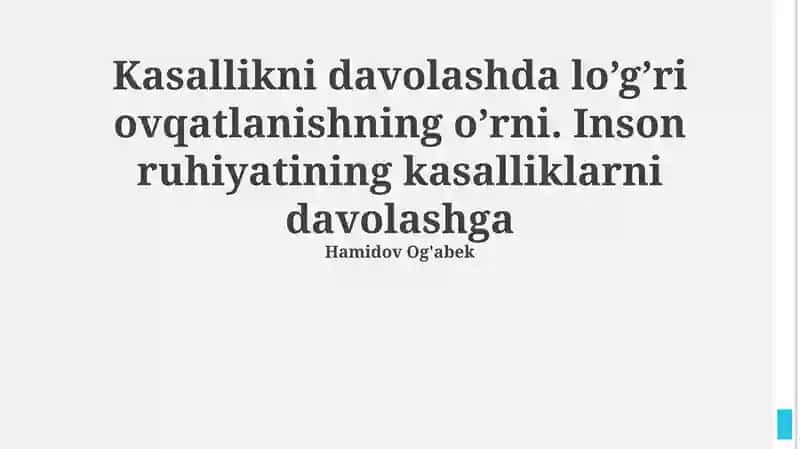 Sog'lom ovqatlanish va psixikaning davolashdagi ahamiyati