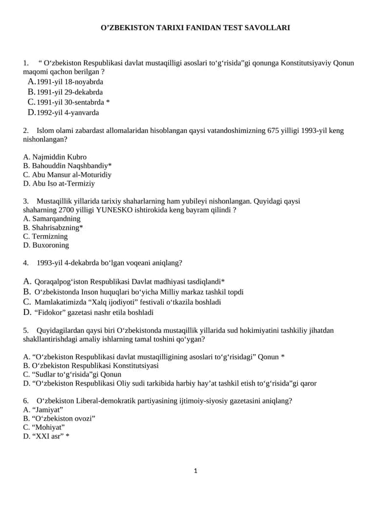 O’ZBEKISTON TARIXI FANIDAN TEST SAVOLLARI 1