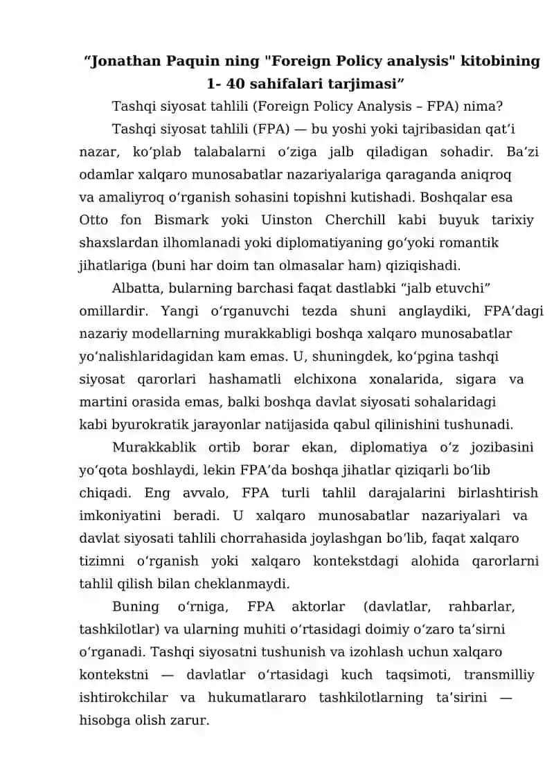 “Jonathan Paquin ning Foreign Policy analysis kitobining 1- 40 sahifalari tarjimasi”