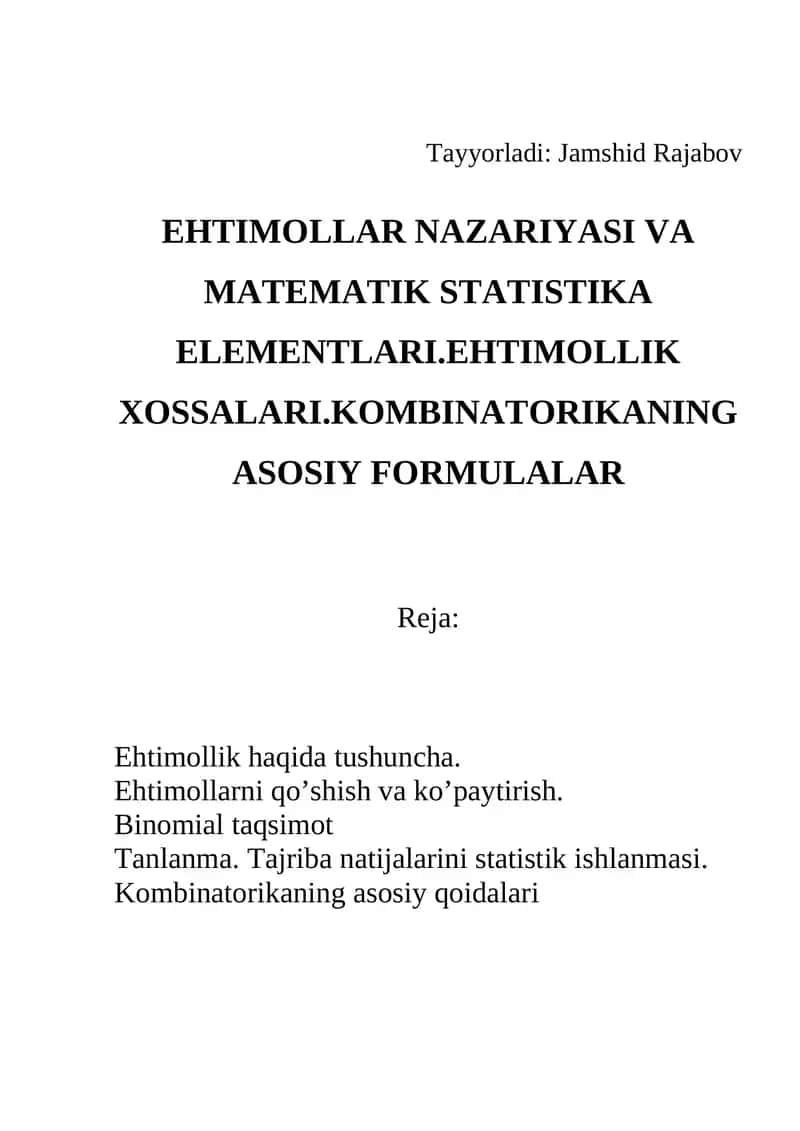 Ehtimollar nazariyasi va matematik statistika elementlari 1