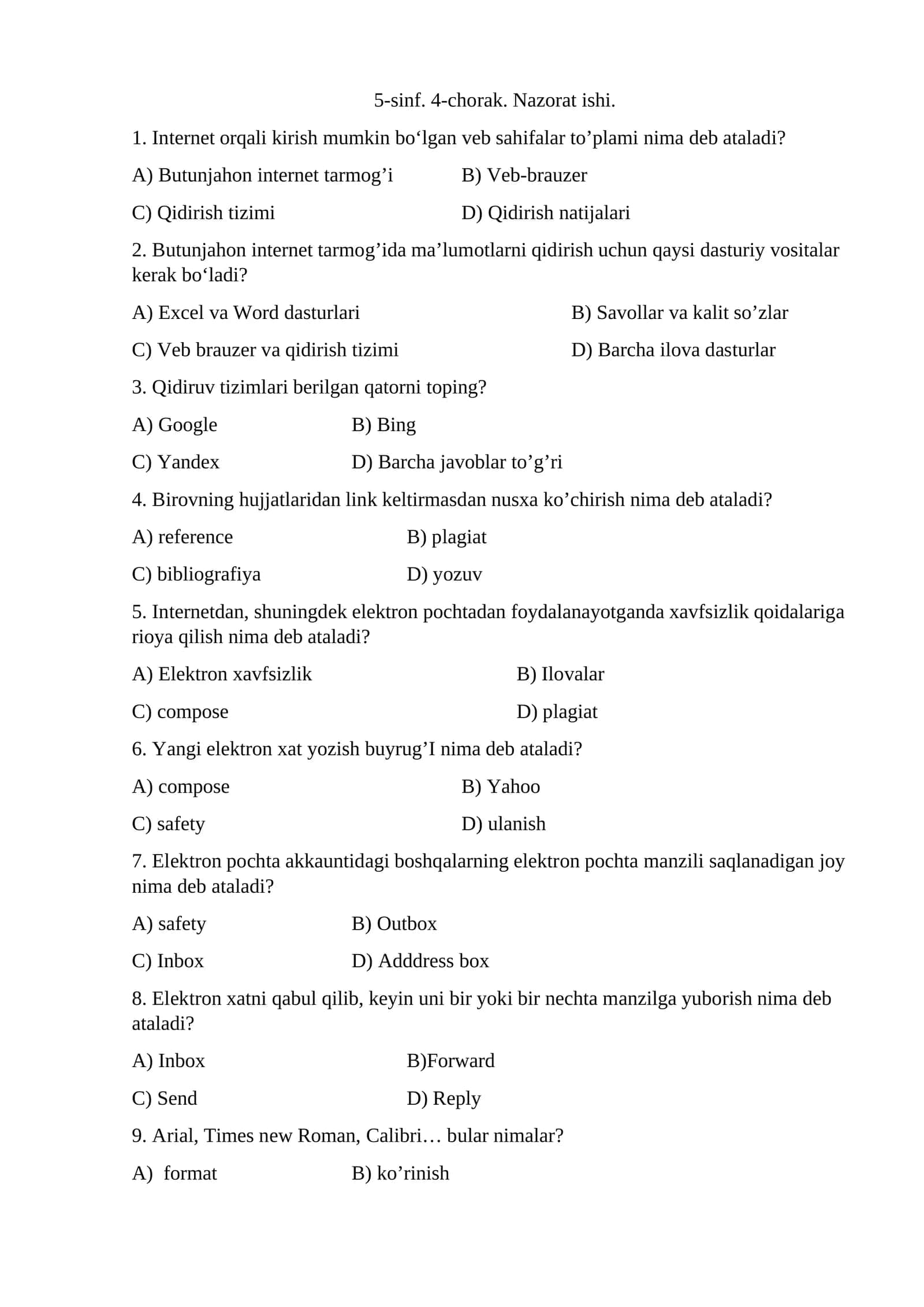 5-sinf informatika 4-chorak nazorat ishi test 1