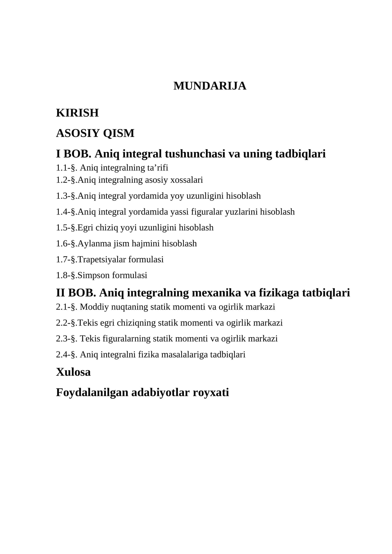 Aniq integralning fizikaga va mexanikaga tatbiqlari 1