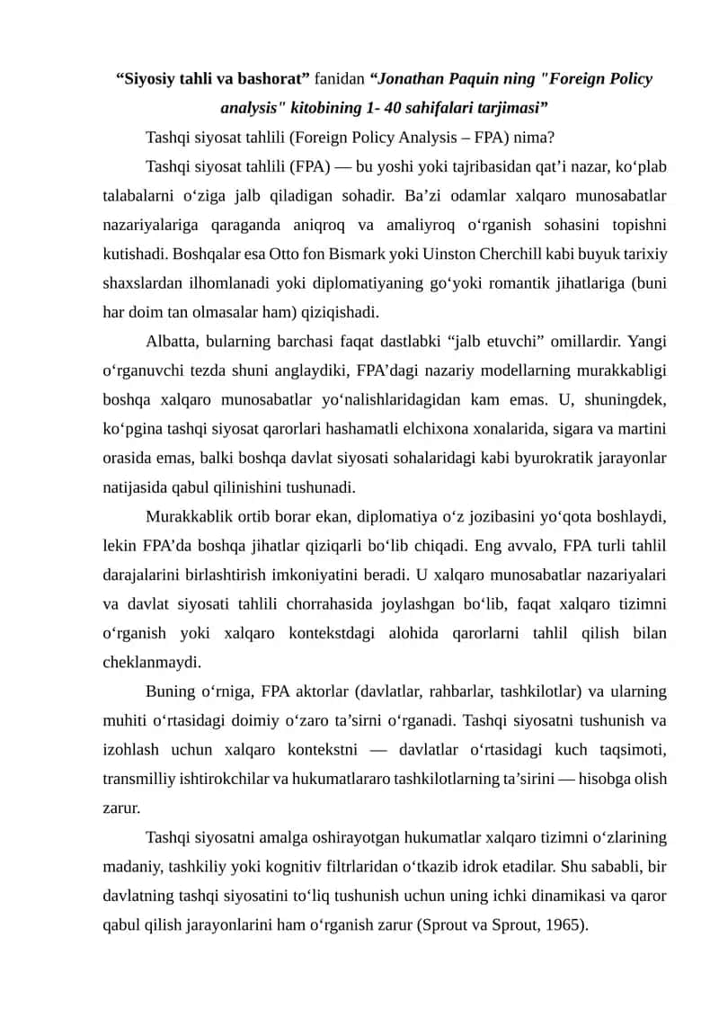 Jonathan Paquin ning Foreign Policy analysis kitobining 1- 40 sahifalari tarjimasi 1