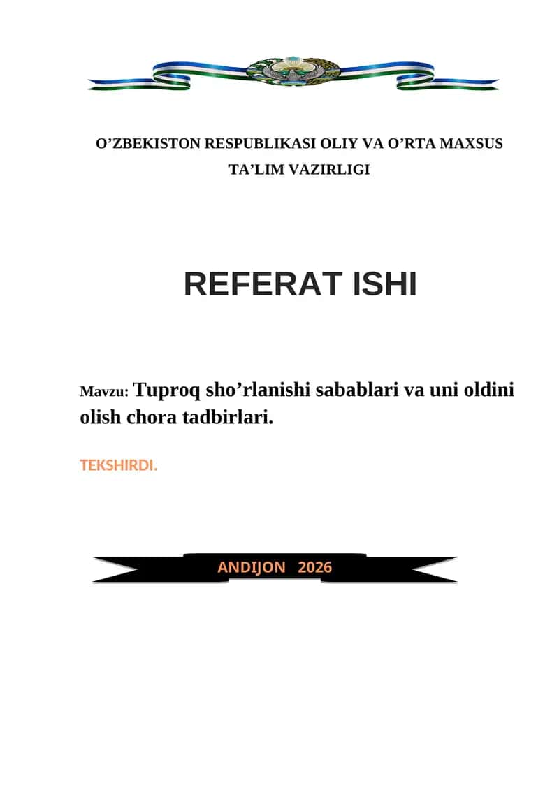 Tuproq sho’rlanishi sabablari va uni oldini olish chora tadbirlari 1