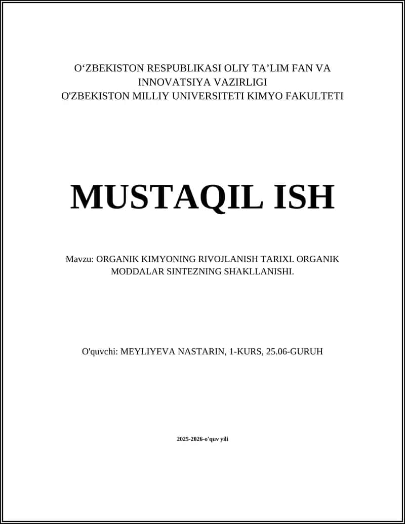 ORGANIK KIMYONING RIVOJLANISH TARIXI 1