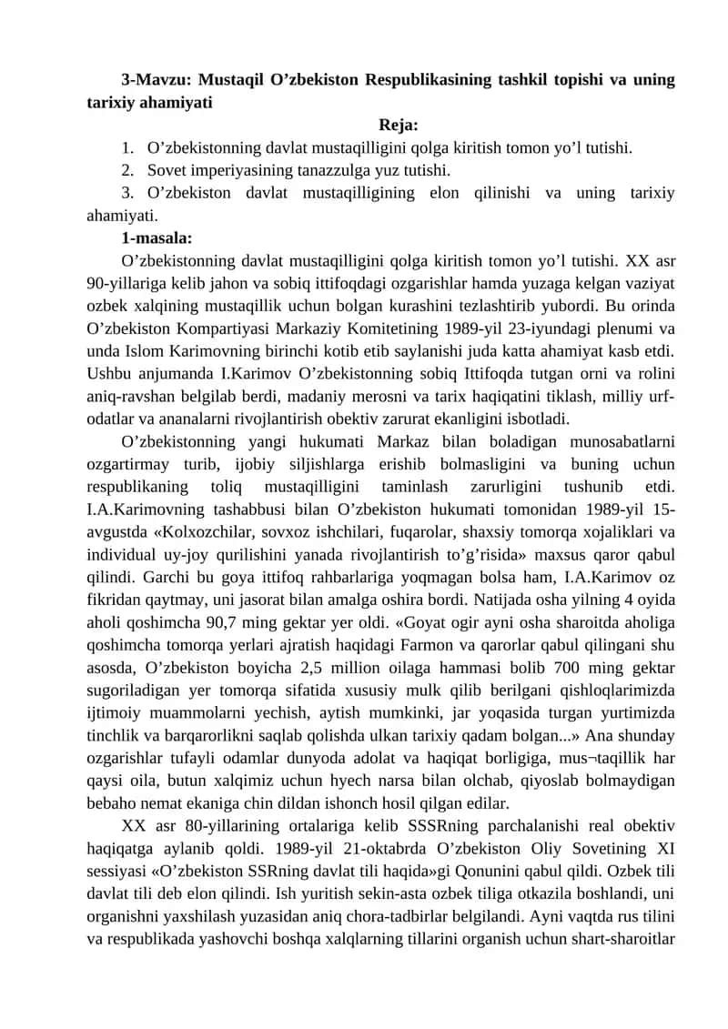 O’zbekiston Respublikasining tashkil topishi va uning tarixiy ahamiyati 1