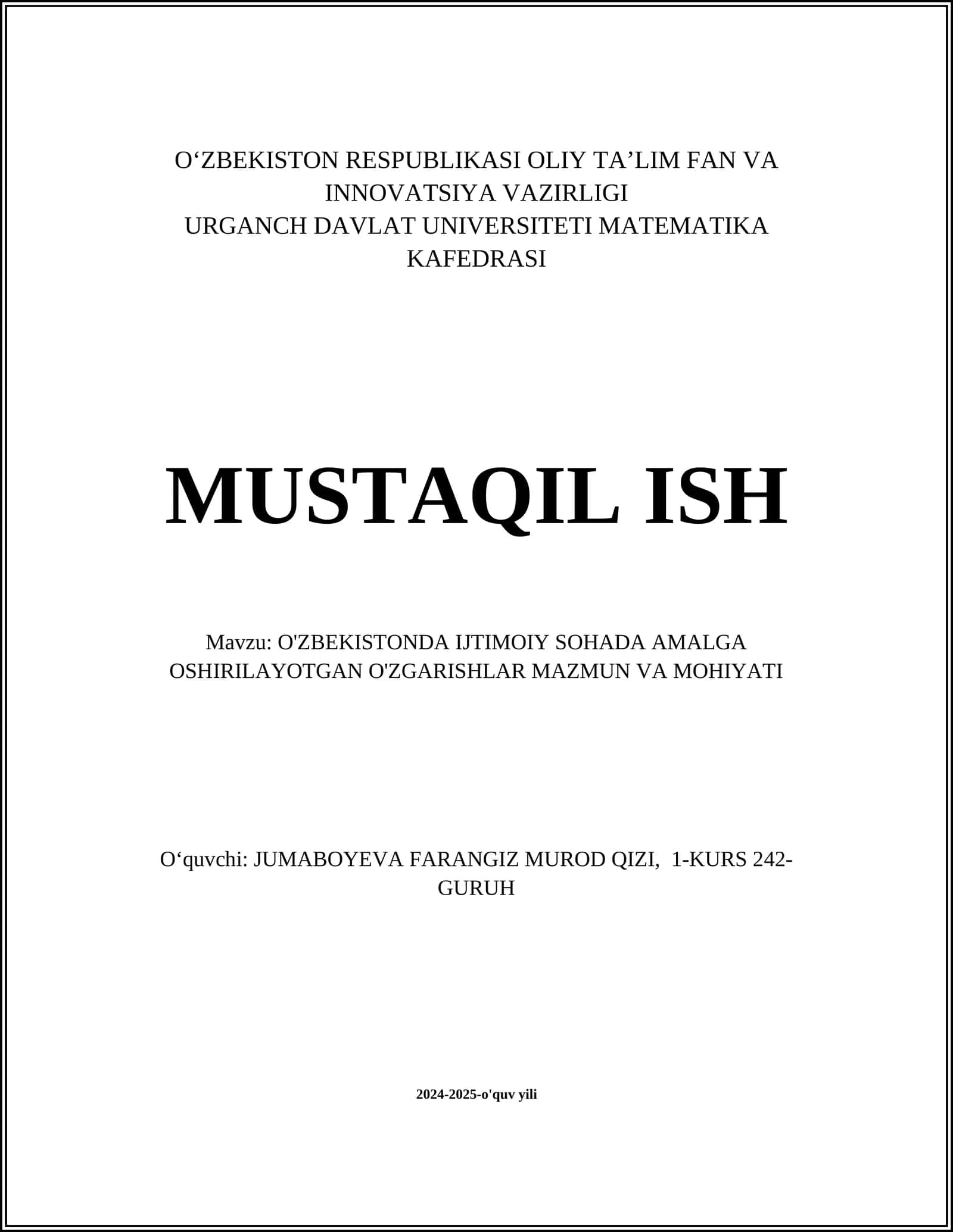 O‘ZBEKISTON RESPUBLIKASI OLIY TA’LIM FAN VA INNOVATSIYA VAZIRLIGI 1