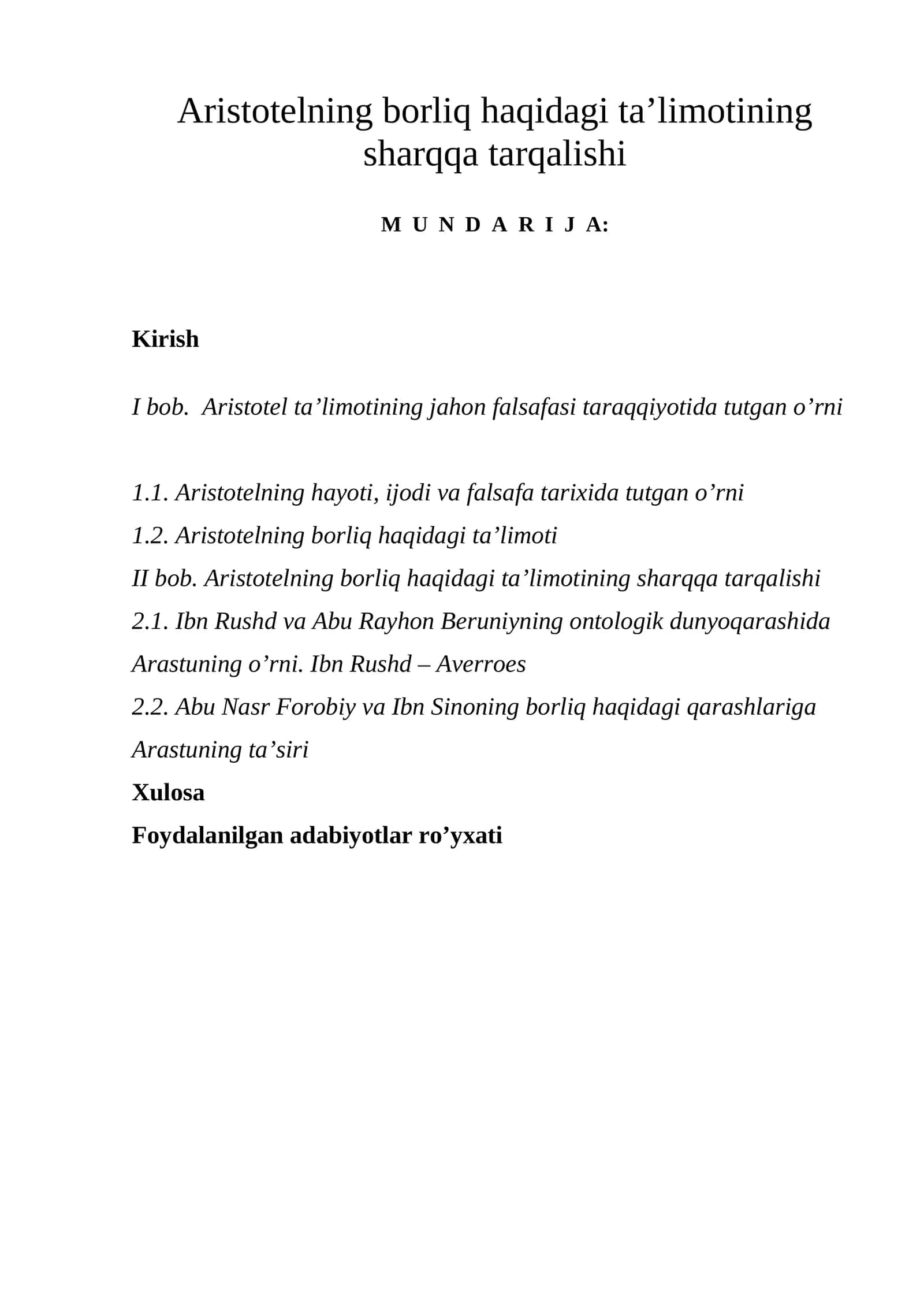Aristotelning borliq haqidagi ta’limotining sharqqa tarqalishi 1