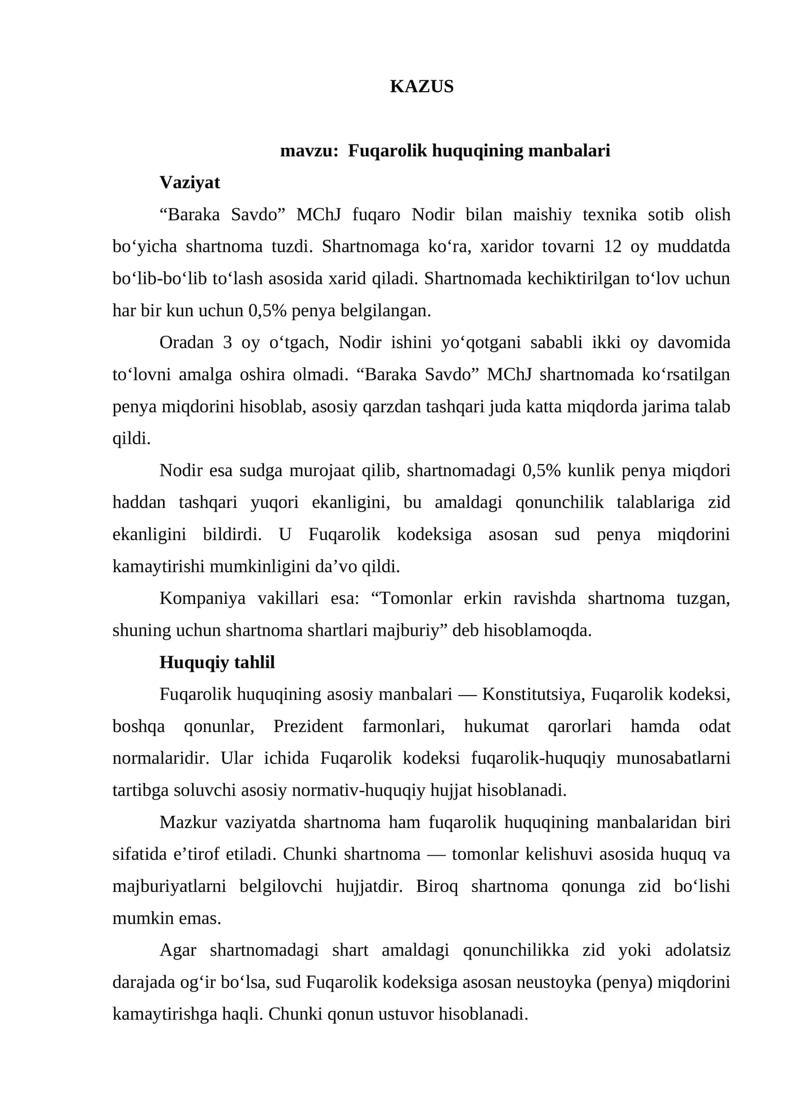 KAZUS Fuqarolik huquqining manbalari 1