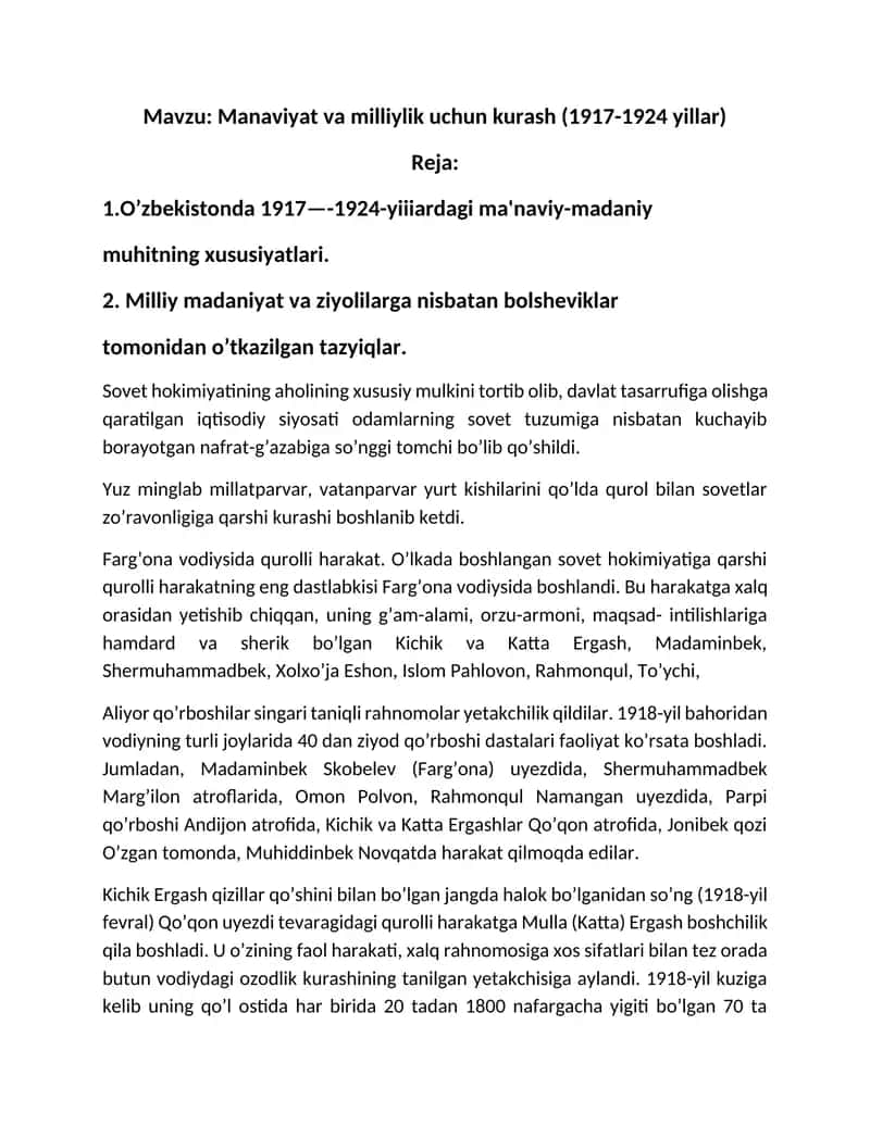Manaviyat va milliylik uchun kurash (1917-1924 yillar) 1