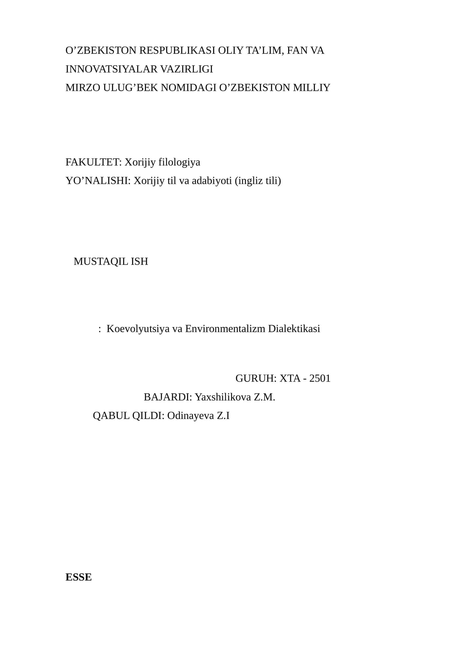 Koevolyutsiya va Environmentalizm Dialektikasi 1