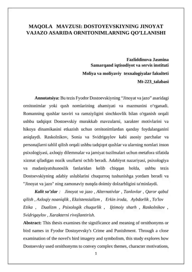 DOSTOYEVSKIYNING JINOYAT VAJAZO ASARIDA ORNITONIMLARNING QO’LLANISHI
