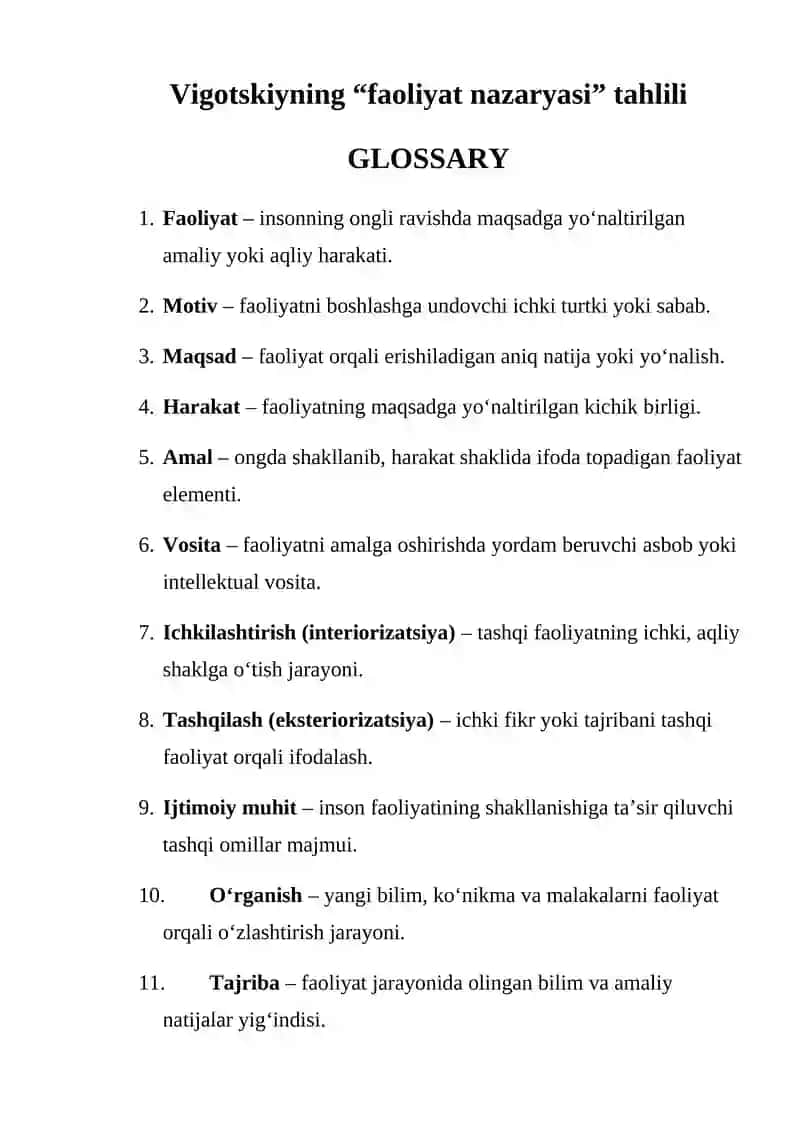 Vigotskiyning “faoliyat nazaryasi” tahlili