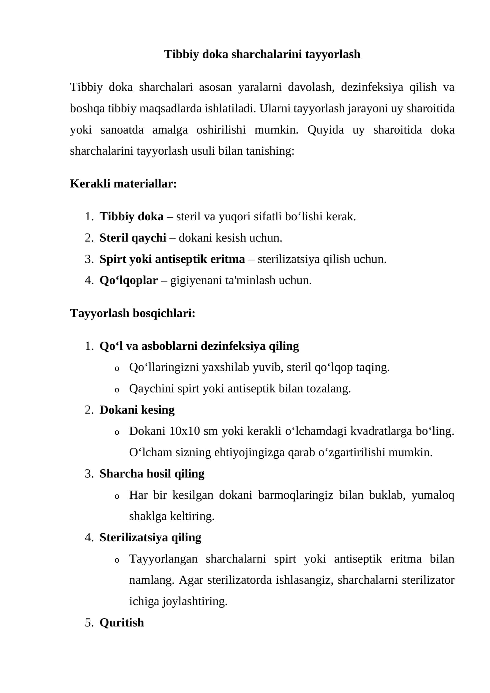 Tibbiy doka sharchalarini tayyorlash 1