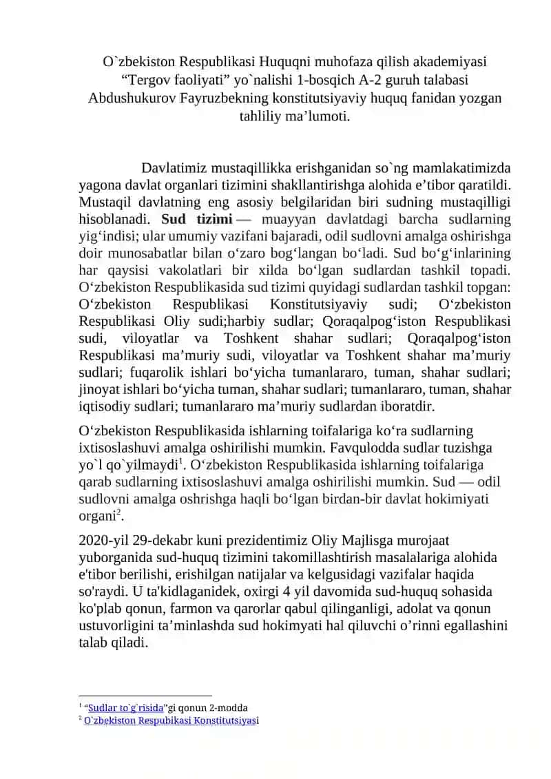 O`zbekiston Respublikasida Sud hokimiyati