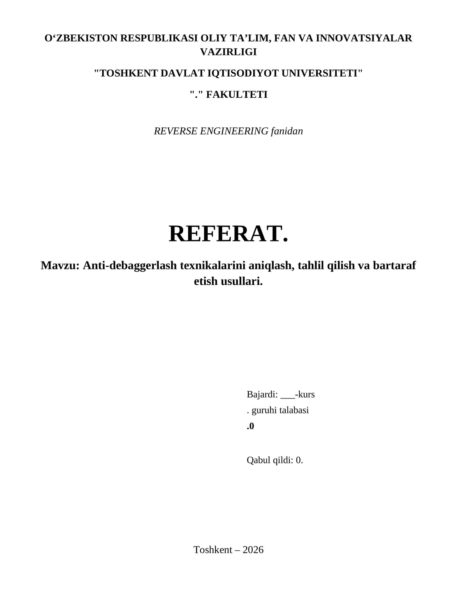 Anti-debaggerlash texnikalarini aniqlash, tahlil qilish va bartaraf etish usullari. 1