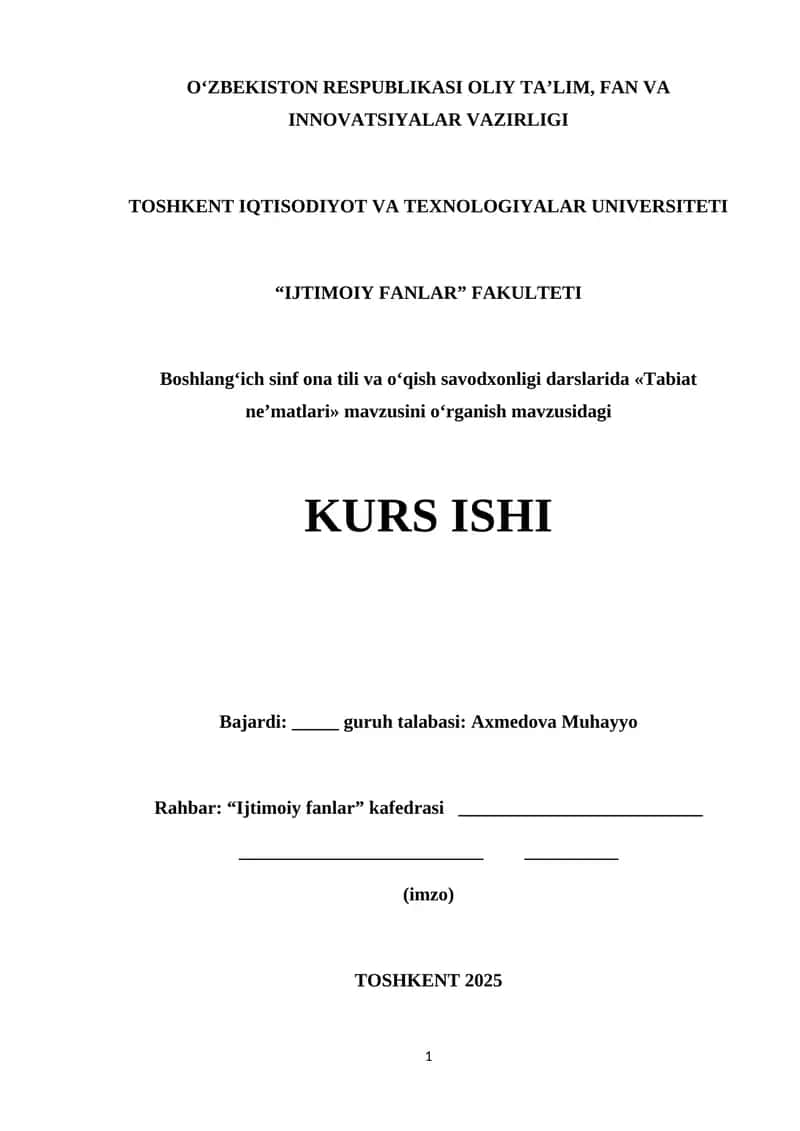 Boshlang‘ich sinf ona tili va o‘qish savodxonligi darslarida «Tabiat ne’matlari» mavzusini o‘rganish 1