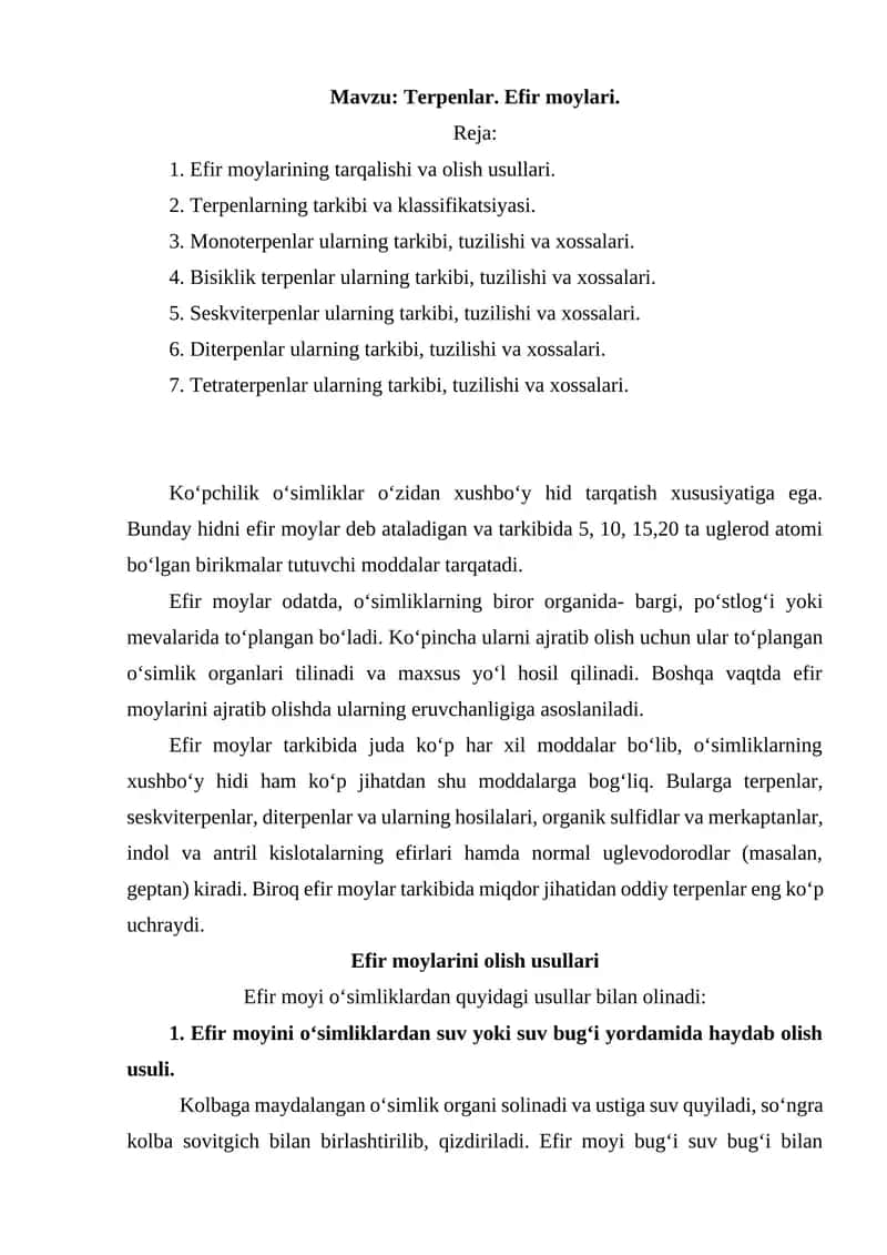 Terpenlar. Efir moylari. 1