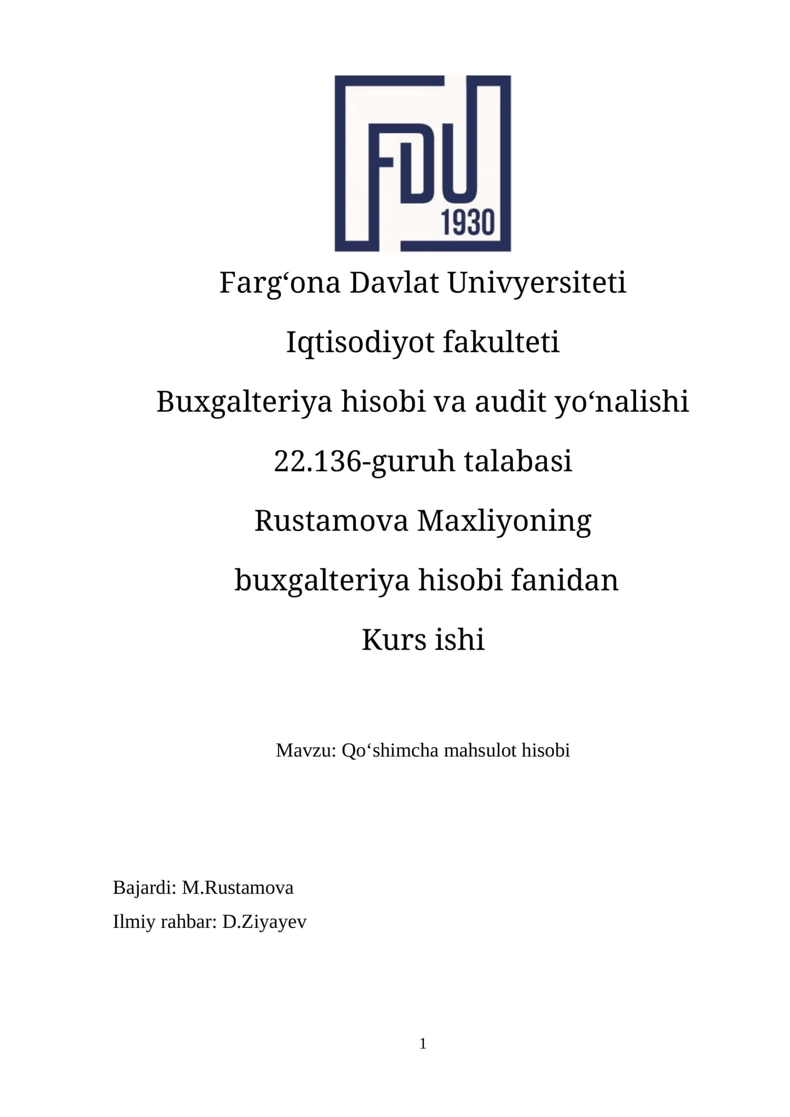 Qoʻshimcha mahsulot hisobi kur ishi 1