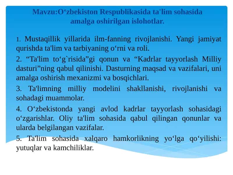 O‘zbеkistonRеspublikasida ta'lim sohasida amalga oshirilgan islohotlar 1