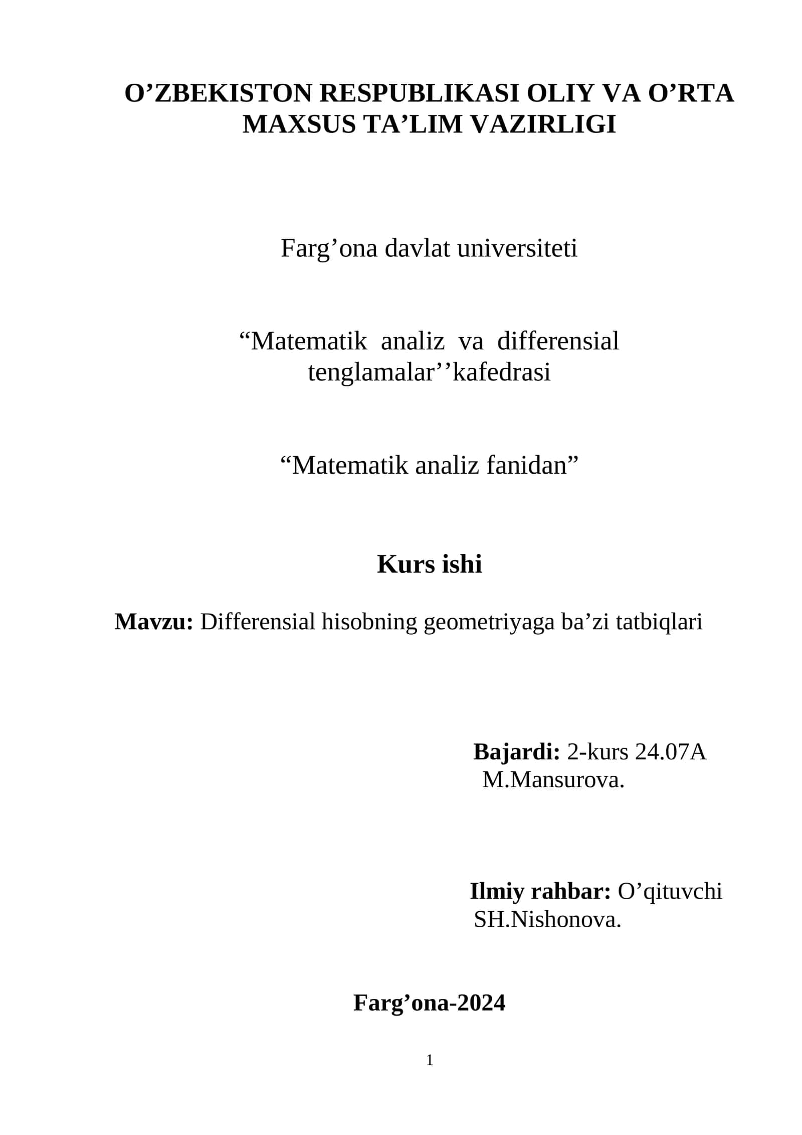 Differensial hisobning geometriyaga ba’zi tatbiqlari 1