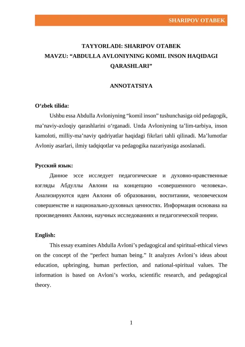 АBULLA AVLONIYNING KOMIL INSON HAQIDAGI QARASHLARI 1