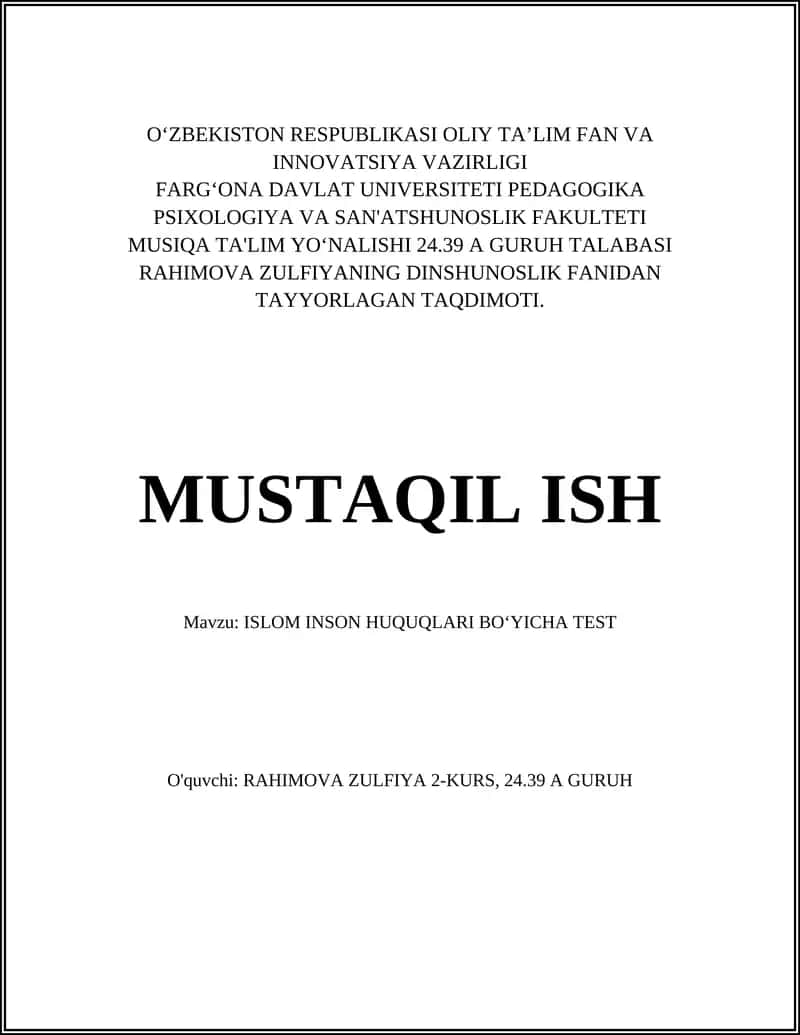 ISLOM INSON HUQUQLARI BOʻYICHA TEST 1