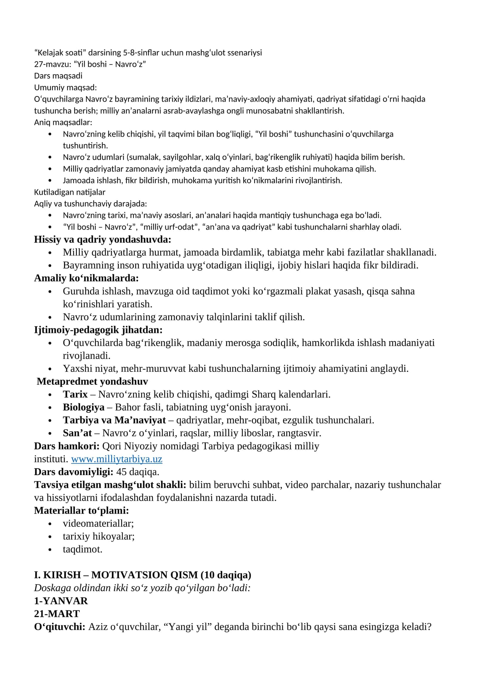 “Kelajak soati” darsining 5-8-sinflar uchun mashgʻulot ssenariysi 1