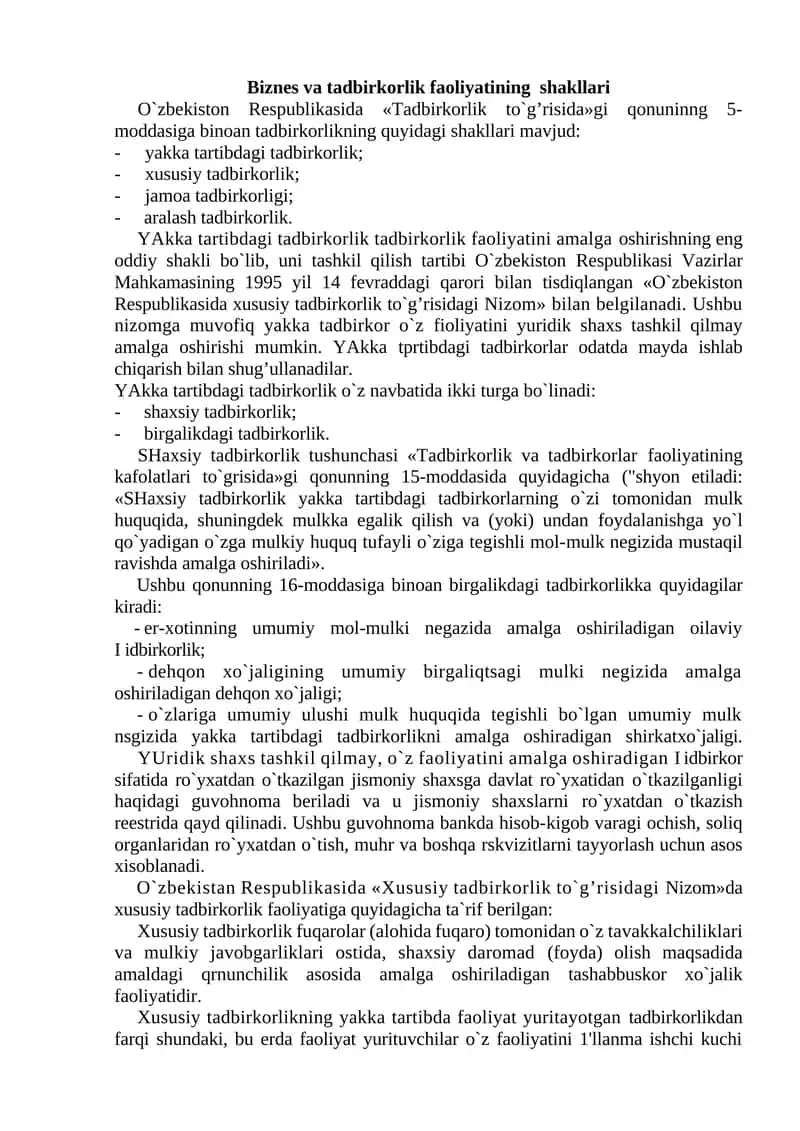 Biznes va tadbirkorlik faoliyatining shakllari 1