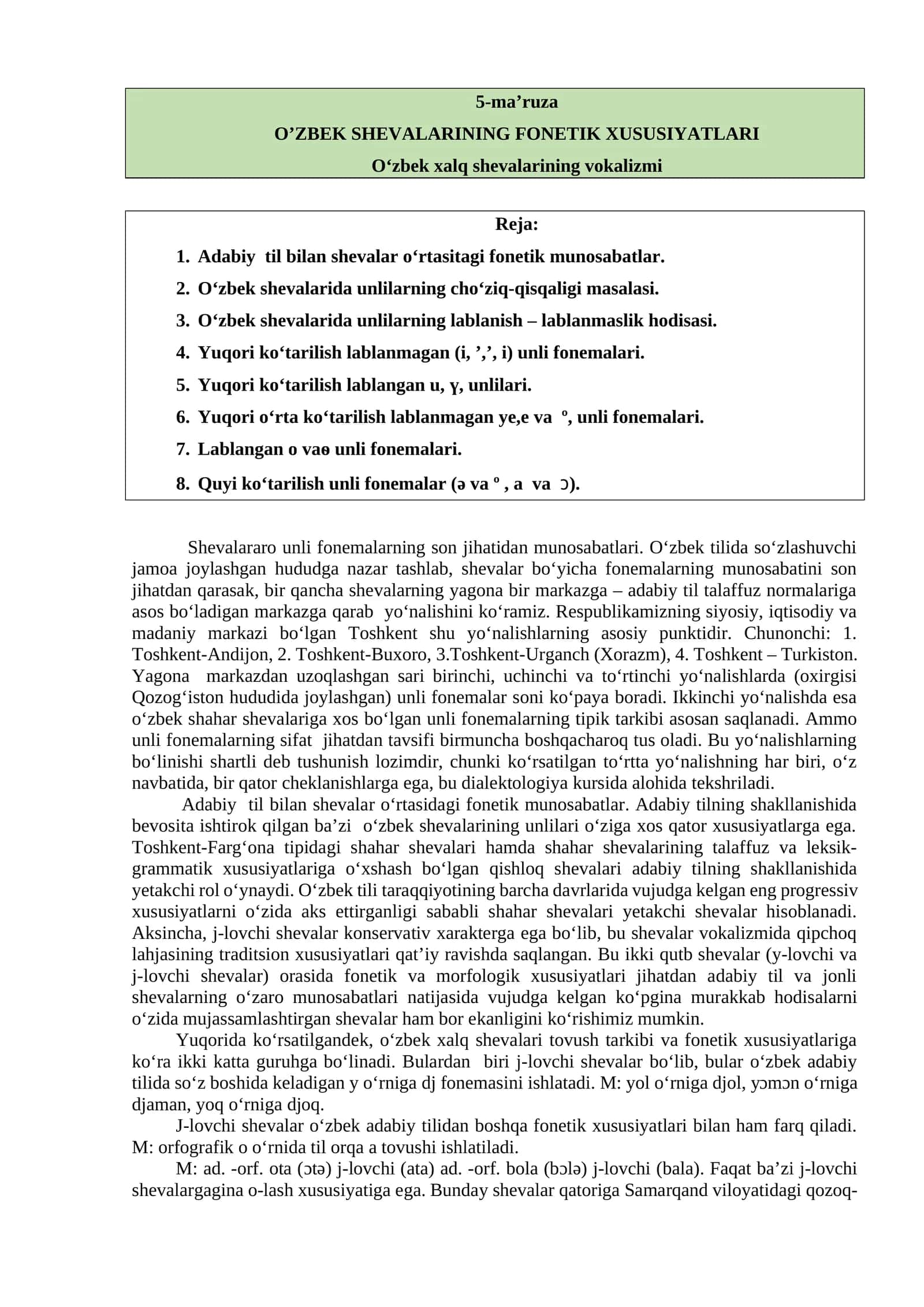 O‘ZBEK SHEVALARINING FONETIK XUSUSIYATLARI 1