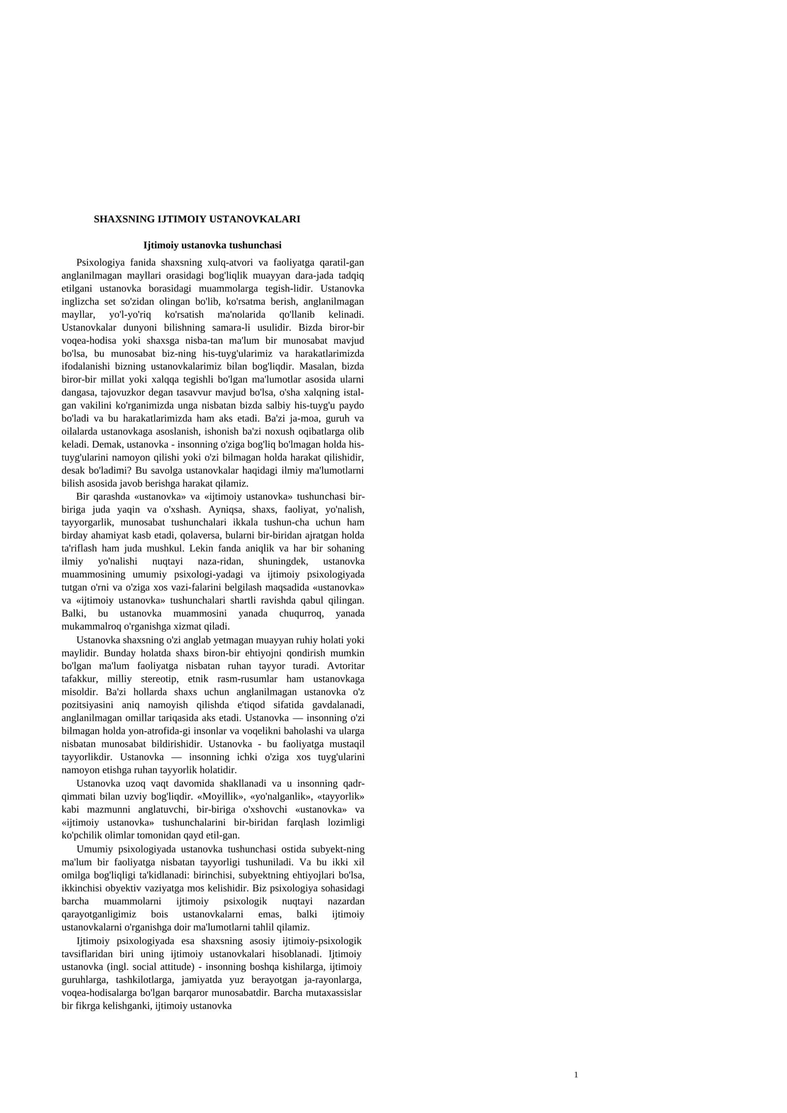 SHAXSNING IJTIMOIY USTANOVKALARI 1
