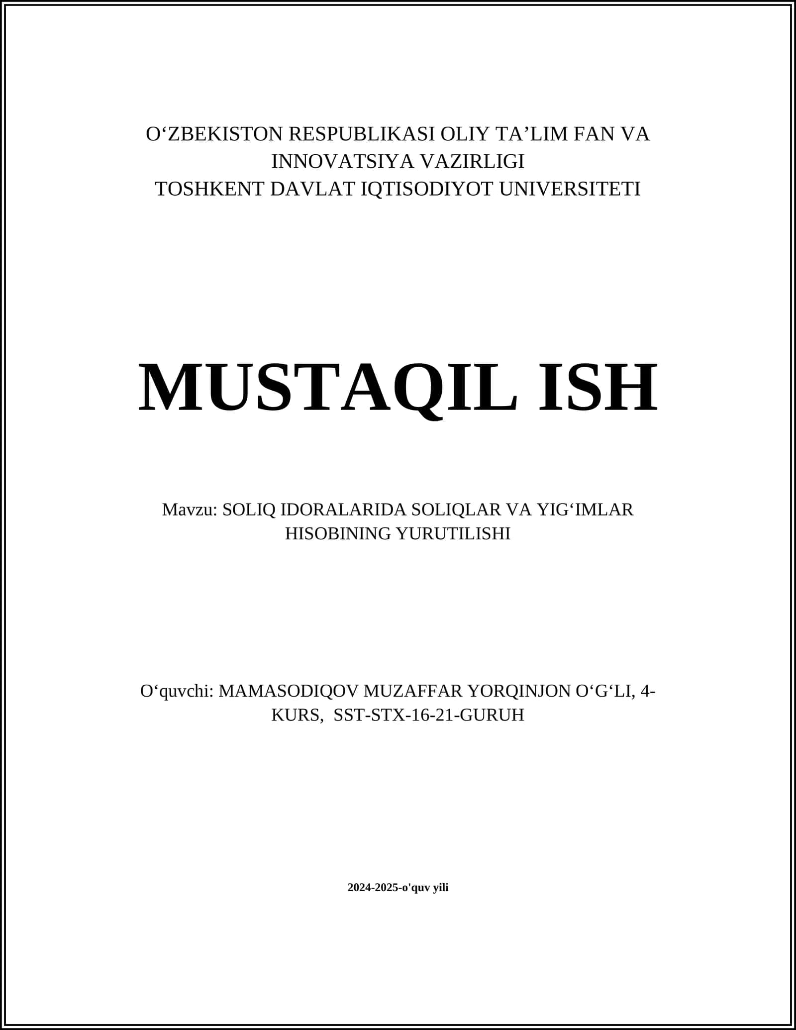 SOLIQ IDORALARIDA SOLIQLAR VA YIGʻIMLAR HISOBINING YURUTILISHI 1