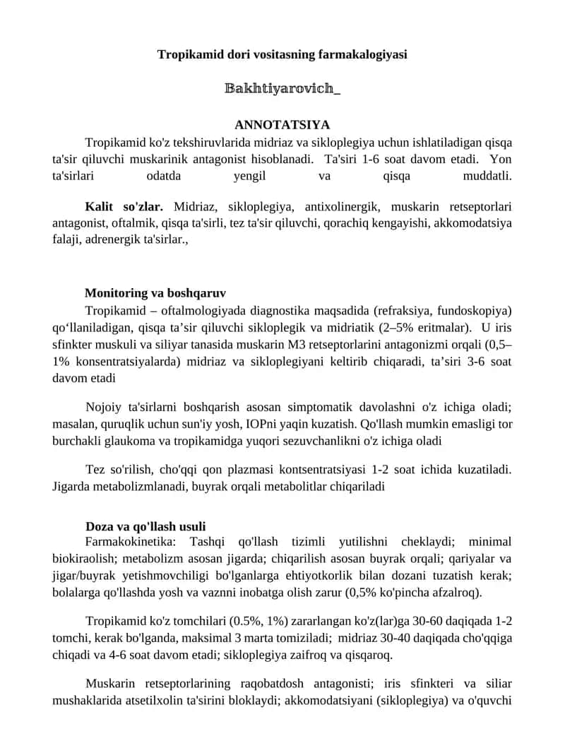 Tropikamid dori vositasning farmakalogiyasi 1