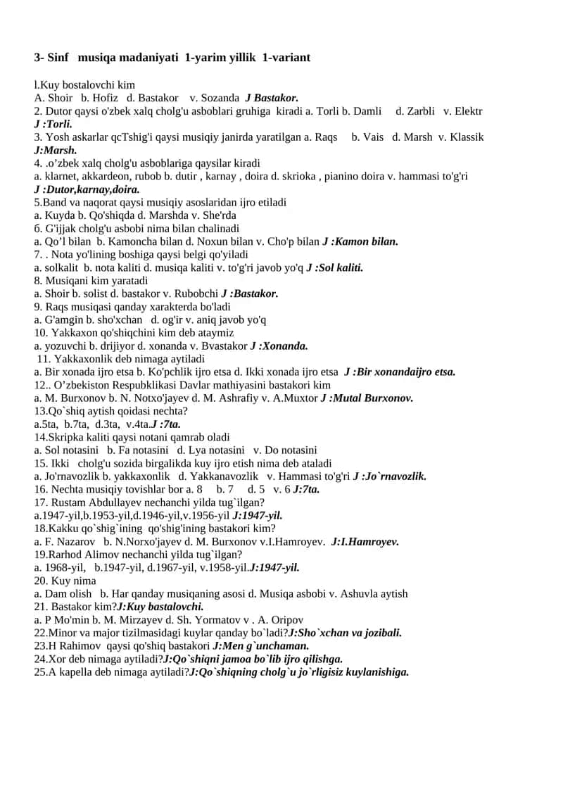 3- Sinf musiqa madaniyati 1-yarim yillik 1-variant 1