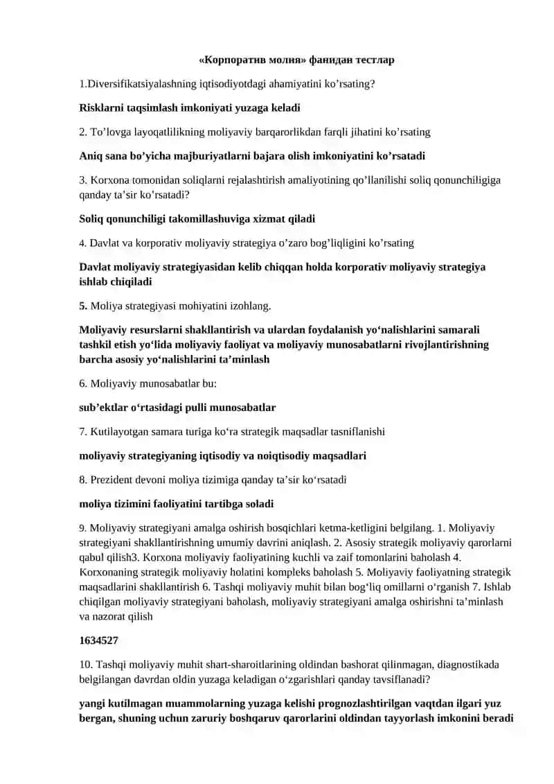Korporativ moliya fani testlari