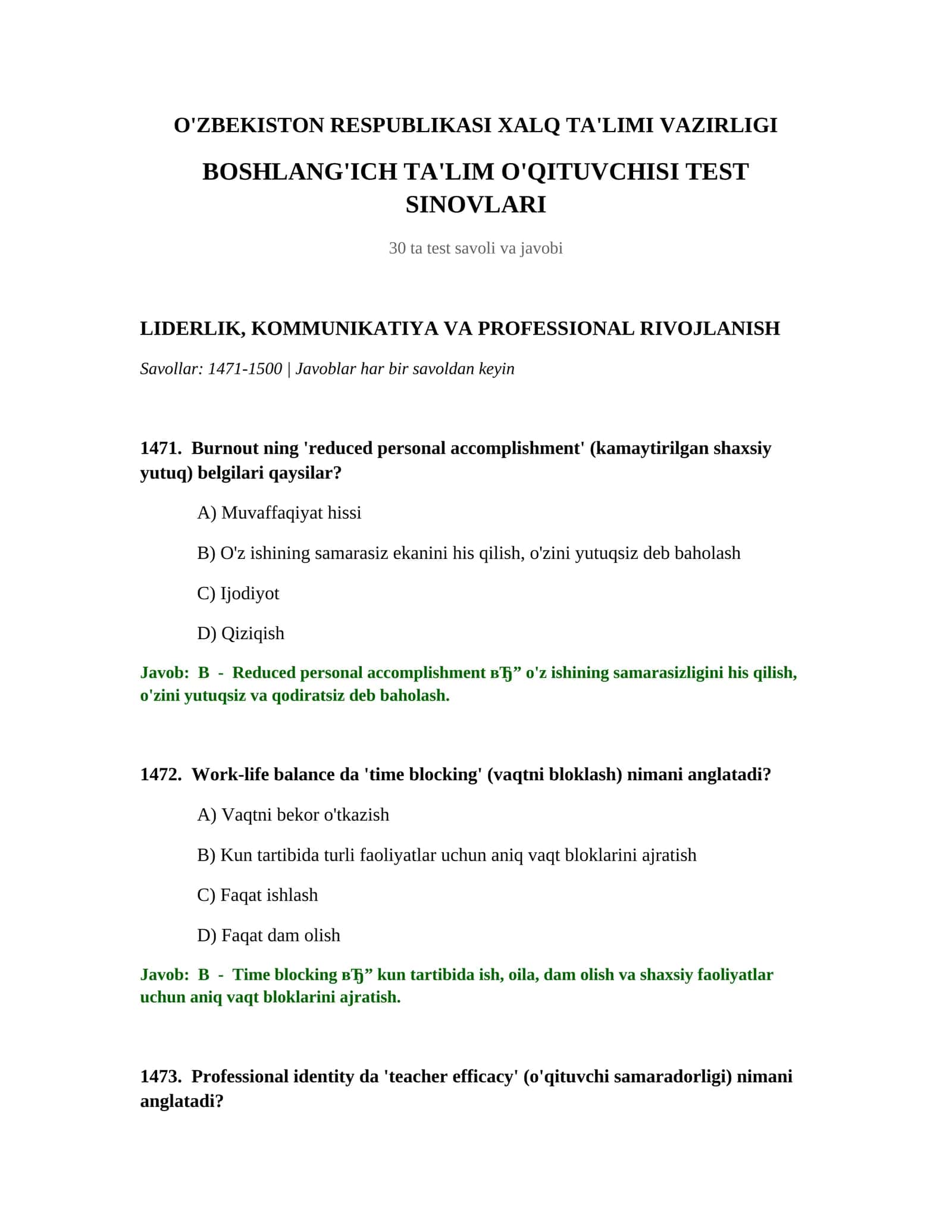 BOSHLANG'ICH TA'LIM O'QITUVCHISI TEST SINOVLARI 1