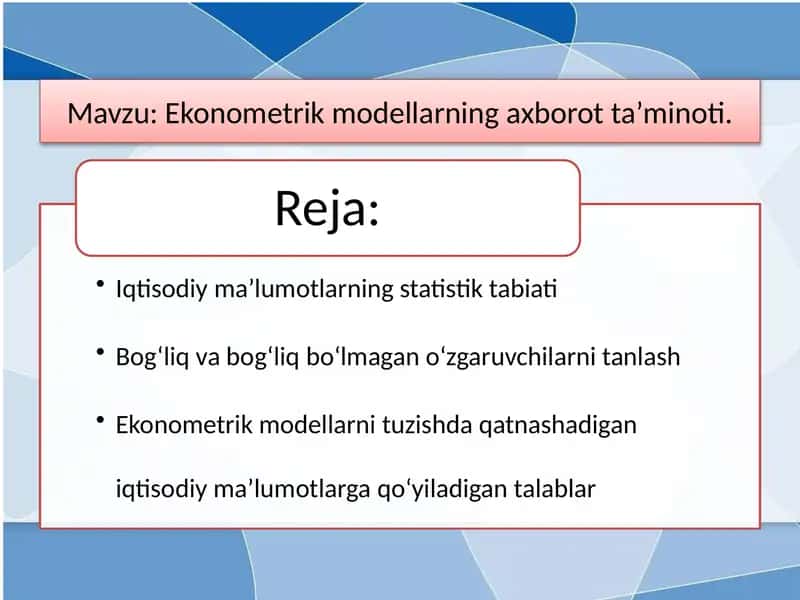 Ekonometrik modellarning axborot ta’minoti 1