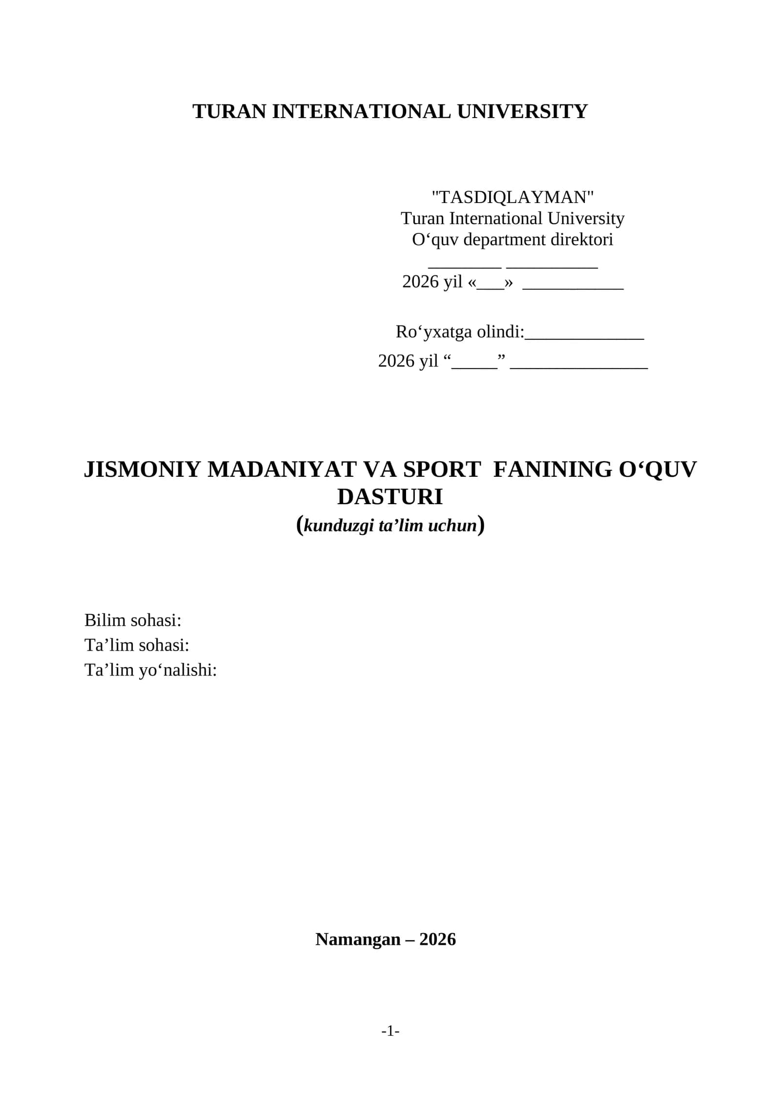 Jismoniy madaniyat va sport FANINING O‘QUV DASTURI 1