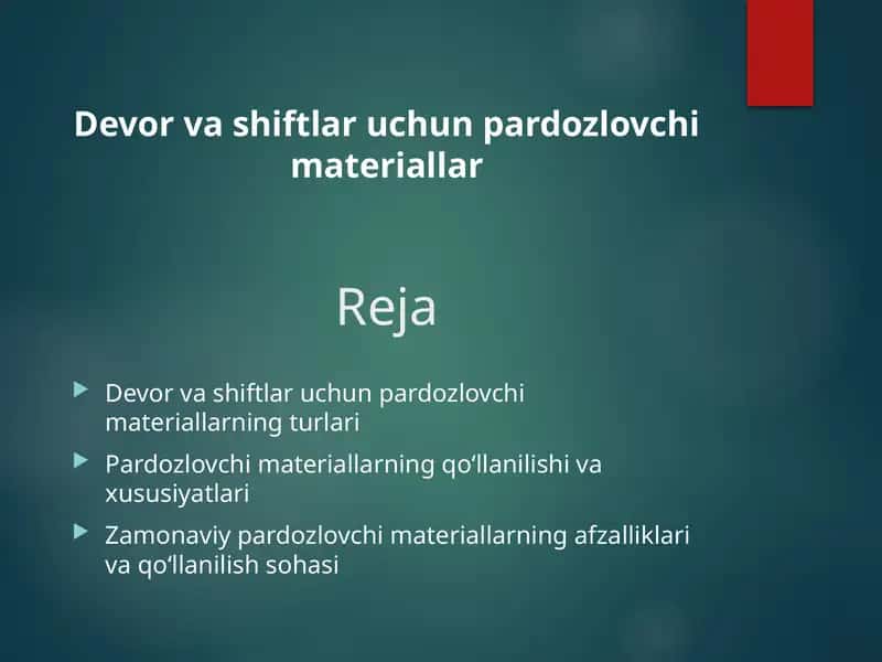 Devor va shiftlar uchun pardozlovchi materiallar 1