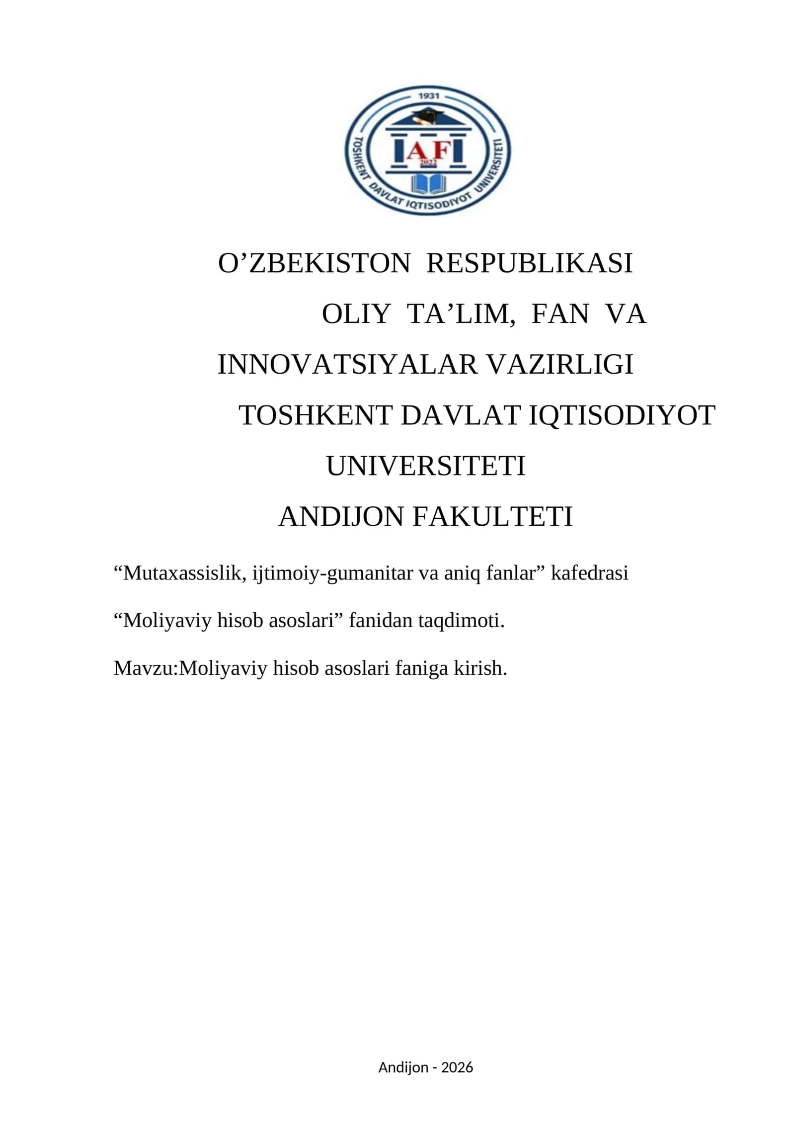Moliyaviy hisob asoslari faniga kirish. 1